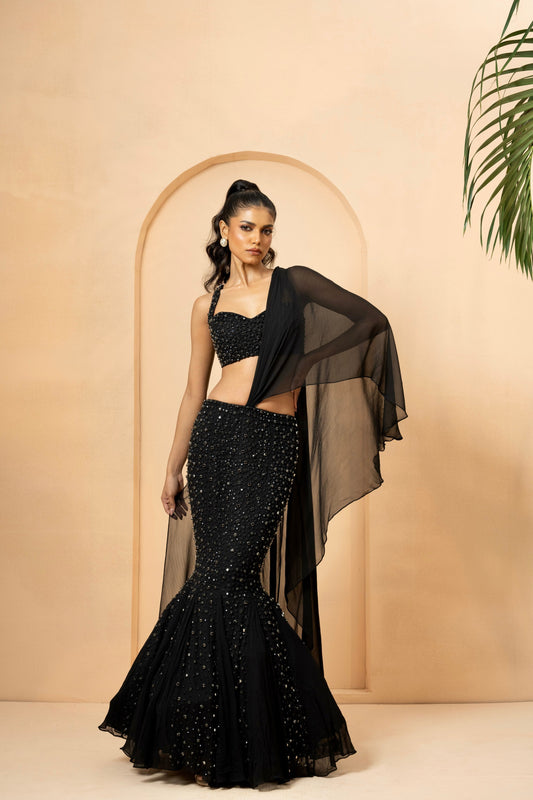 Black Embroidered Fishtail Lehenga with Drape Dupatta