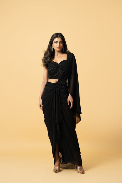 Black Georgette Saree with Hand-Embroidered Corset Blouse