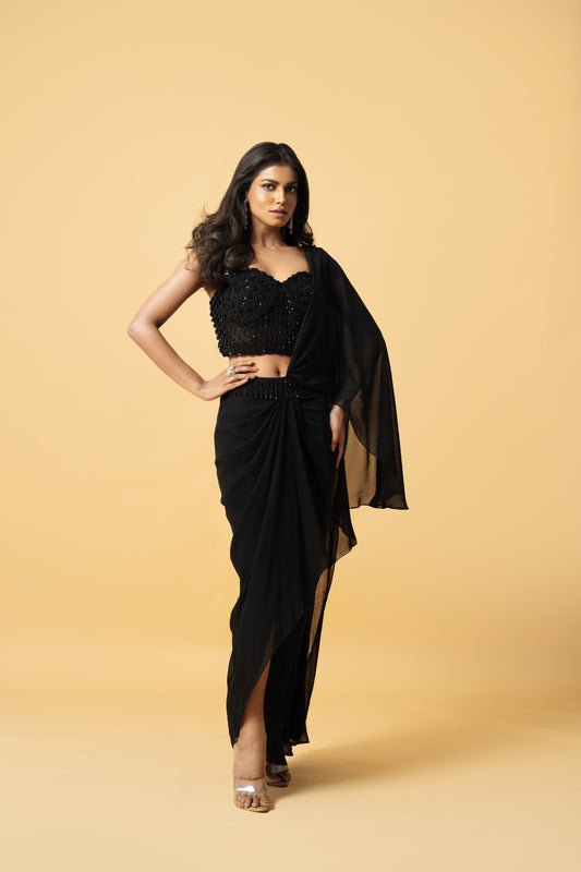 Black Georgette Saree with Hand-Embroidered Corset Blouse