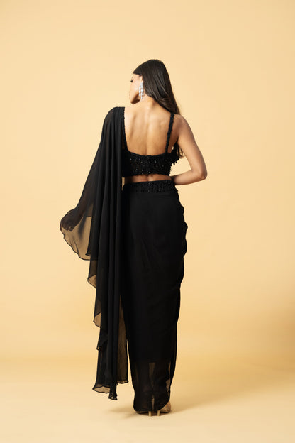 Black Georgette Saree with Hand-Embroidered Corset Blouse