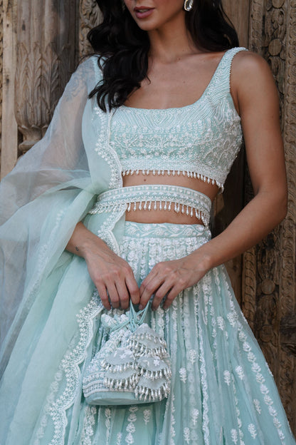 Grey With White Moti Work Lehenga Set