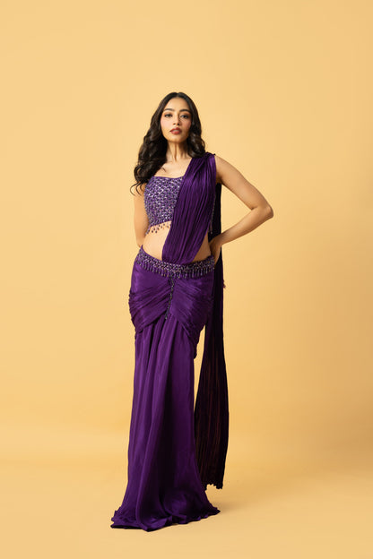 Violet Crepe Saree with Hand-Embroidered Sleeveless Blouse