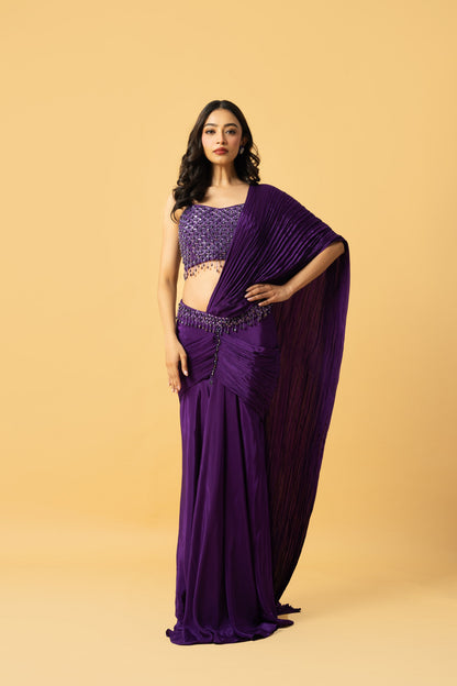 Violet Crepe Saree with Hand-Embroidered Sleeveless Blouse