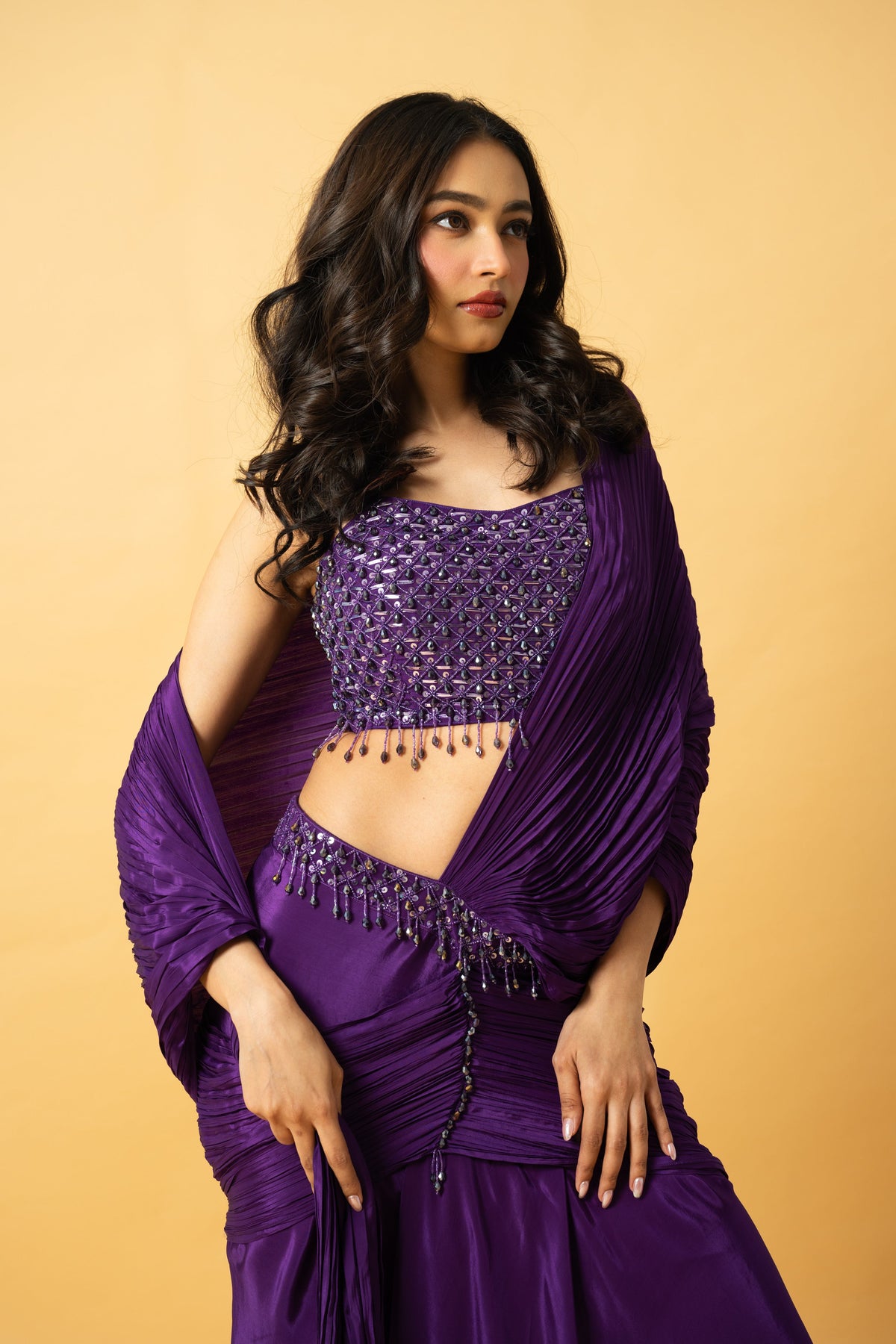 Violet Crepe Saree with Hand-Embroidered Sleeveless Blouse