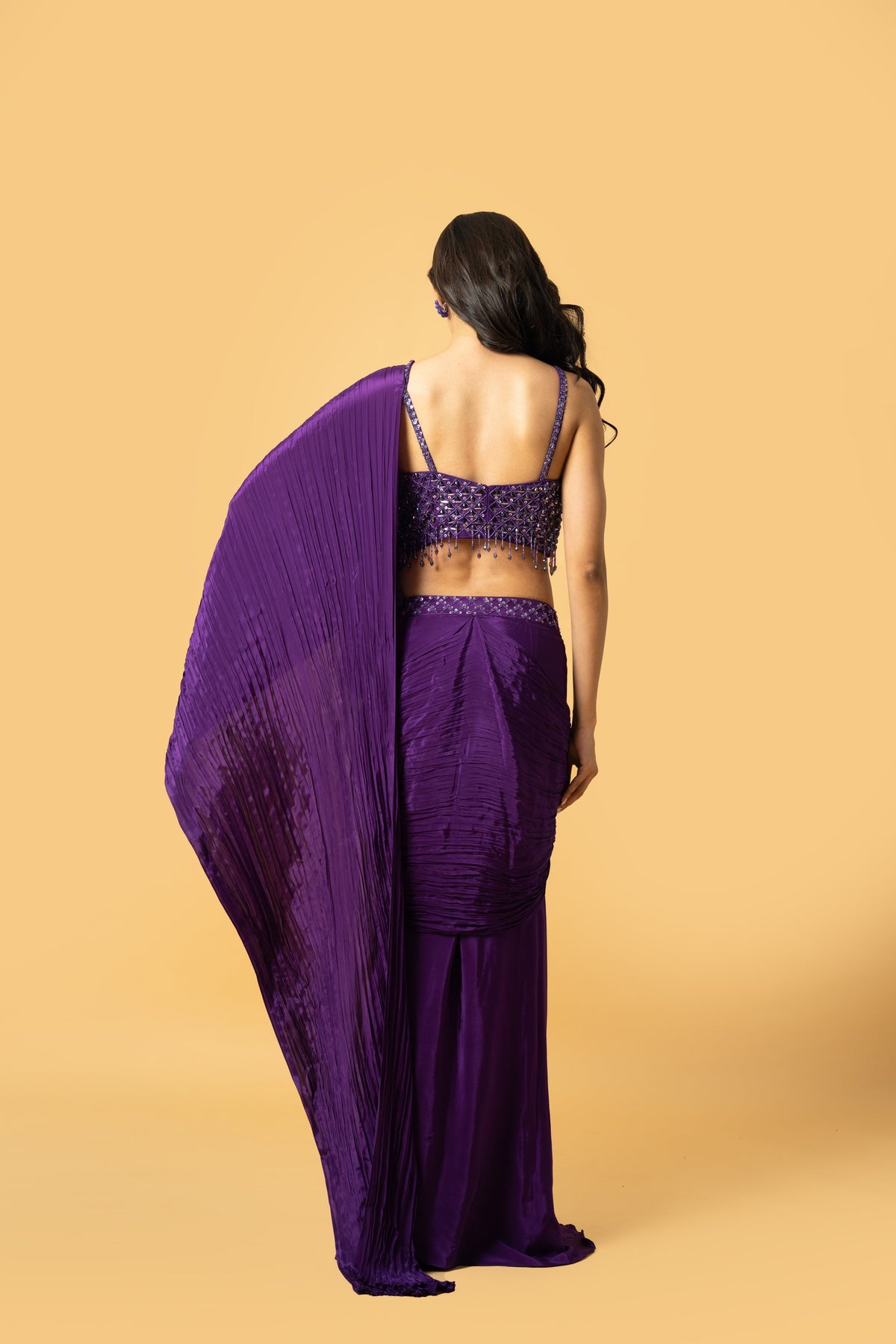 Violet Crepe Saree with Hand-Embroidered Sleeveless Blouse
