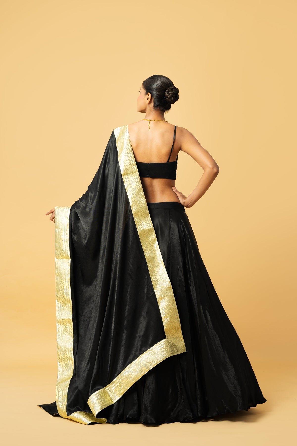 Black Modal Satin Lehenga with Golden Lace Dupatta