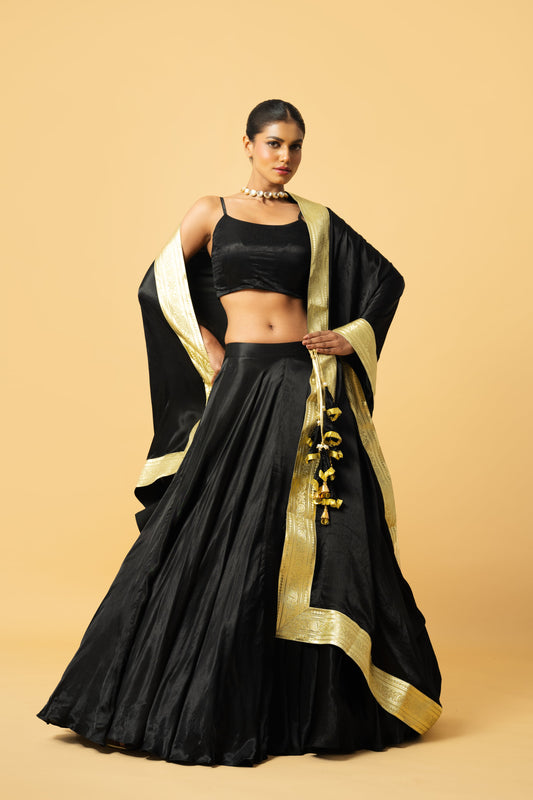 Black Modal Satin Lehenga with Golden Lace Dupatta