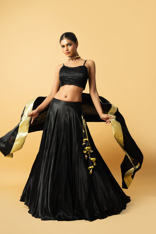 Black Modal Satin Lehenga with Golden Lace Dupatta