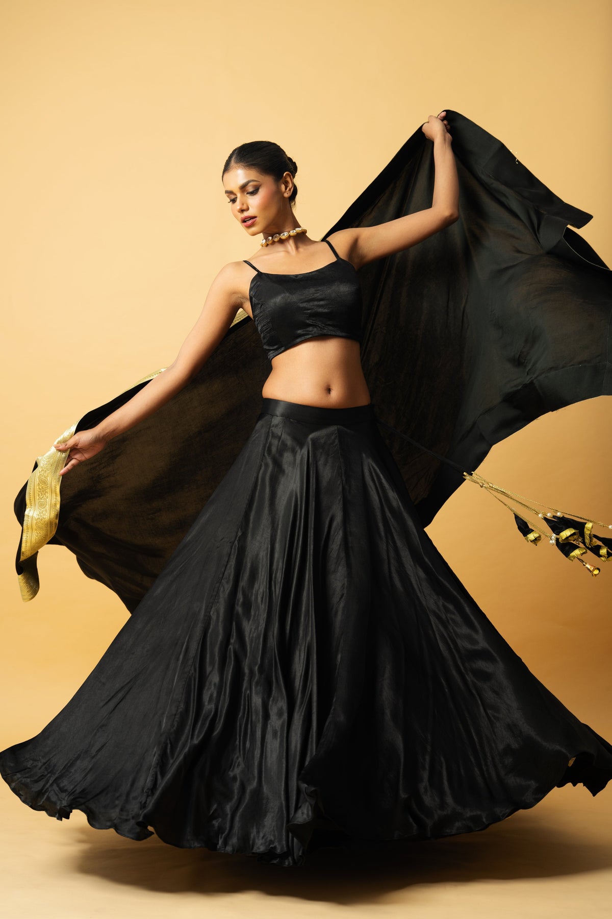 Black Modal Satin Lehenga with Golden Lace Dupatta
