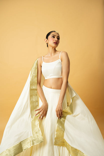 Ivory Modal Satin Lehenga with Golden Lace Dupatta