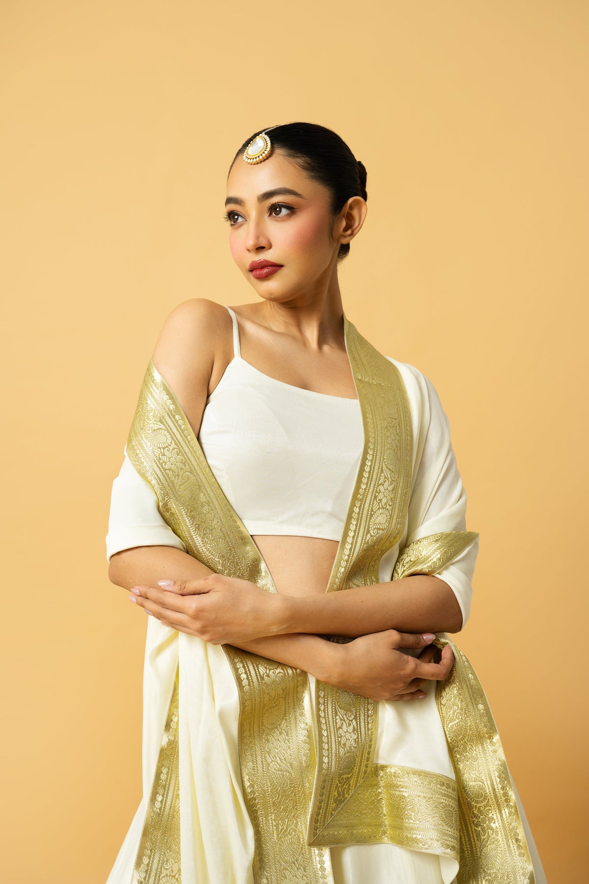 Ivory Modal Satin Lehenga with Golden Lace Dupatta