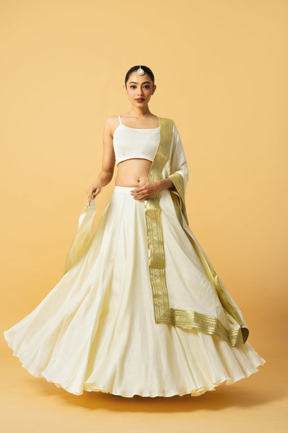Ivory Modal Satin Lehenga with Golden Lace Dupatta