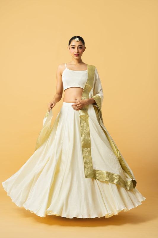 Ivory Modal Satin Lehenga with Golden Lace Dupatta