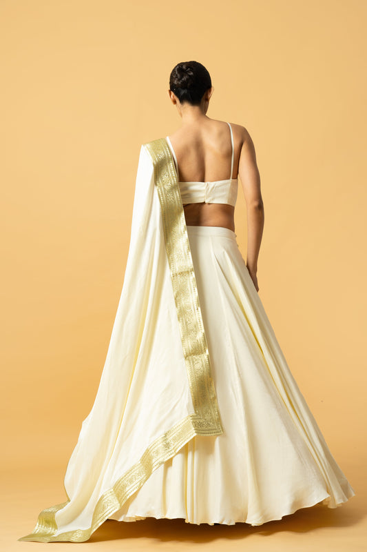 Ivory Modal Satin Lehenga with Golden Lace Dupatta