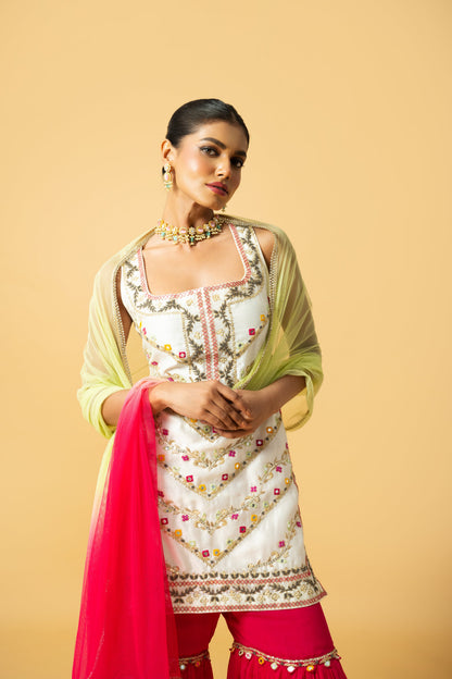 Ivory Kurta with Pink Sharara and Lime Green Dupatta