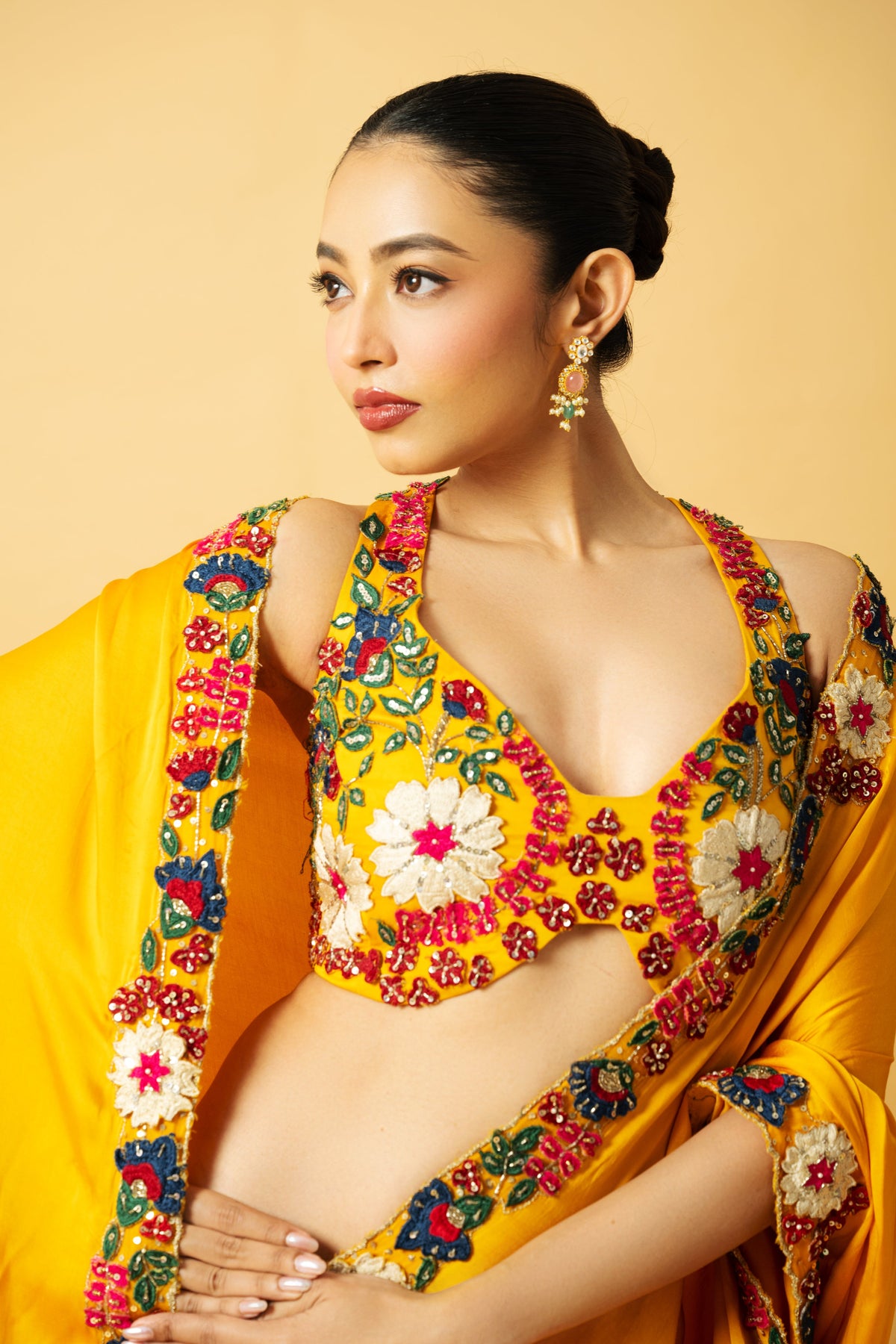 Golden Yellow Satin Saree with 3D Hand Embroidery