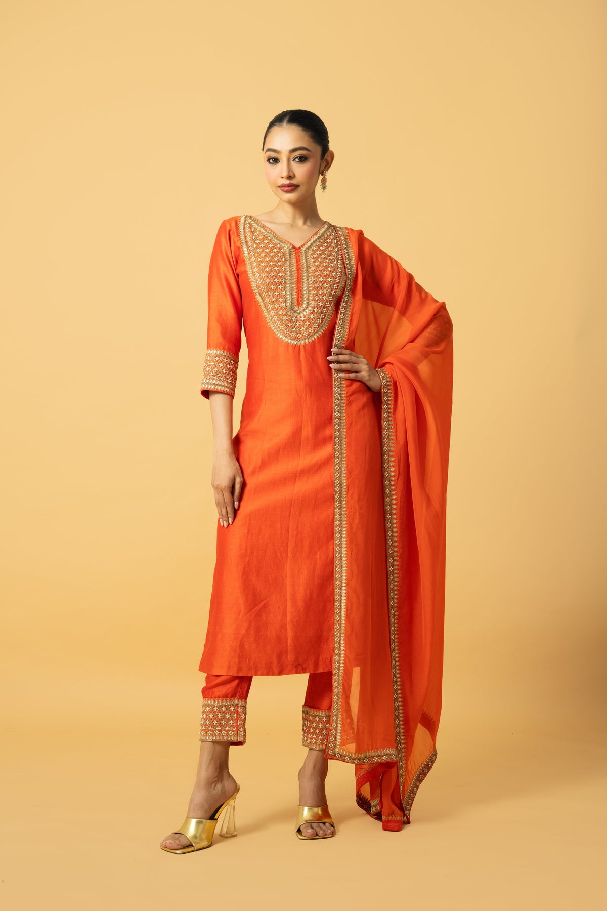 Orange Chanderi Silk Kurta Set with Hand Embroidery