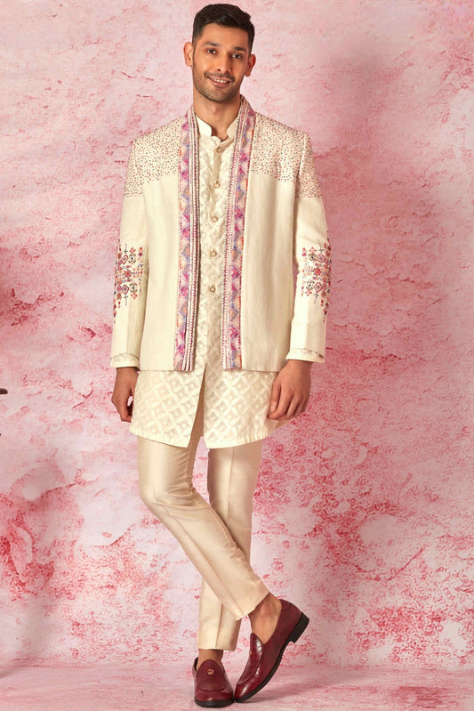 Cream Linen Bandhgala with Jacquard Silk Kurta Set
