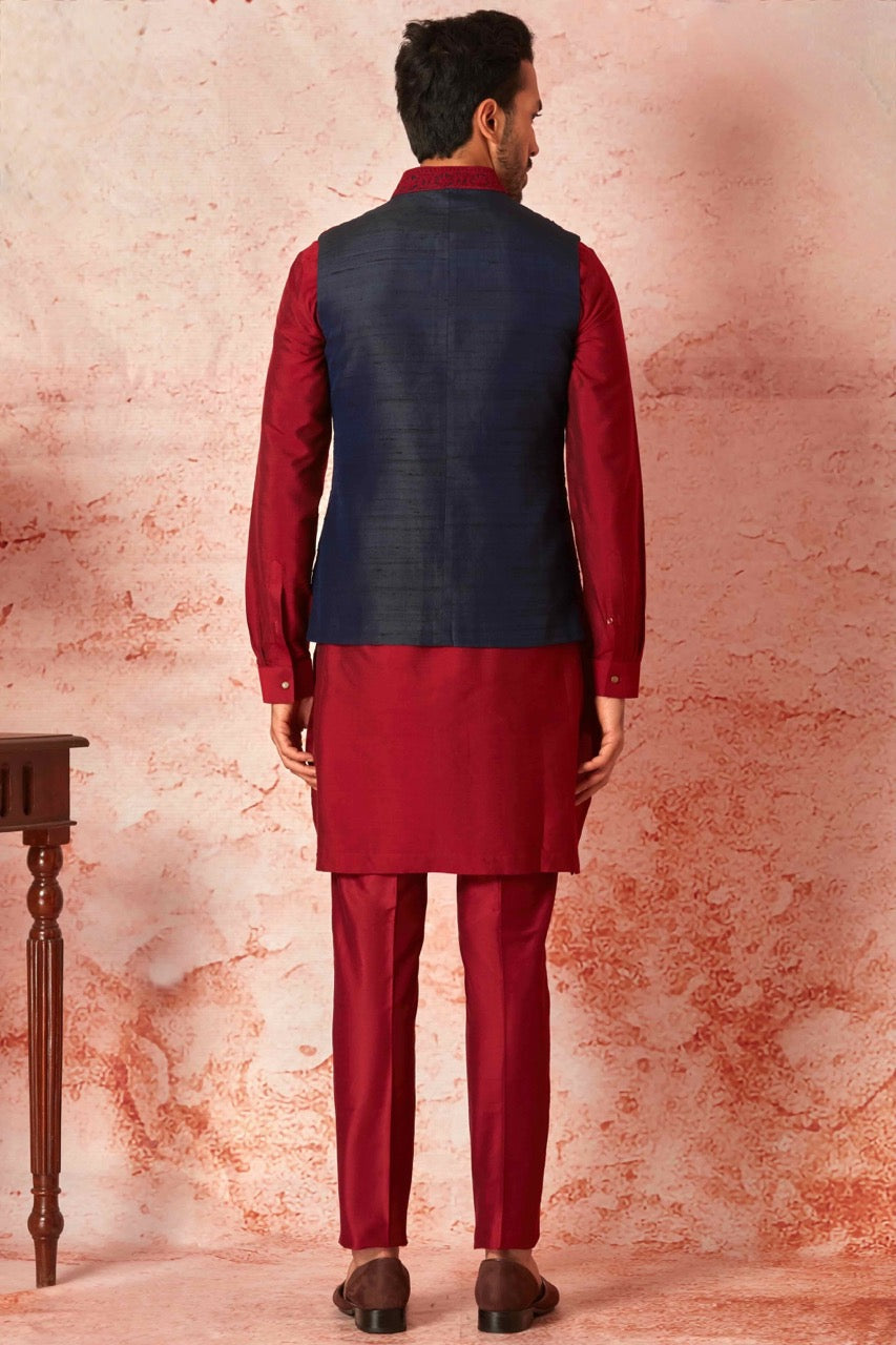 Navy Blue Raw Silk Bundi with Red Kiran Dori Embroidery