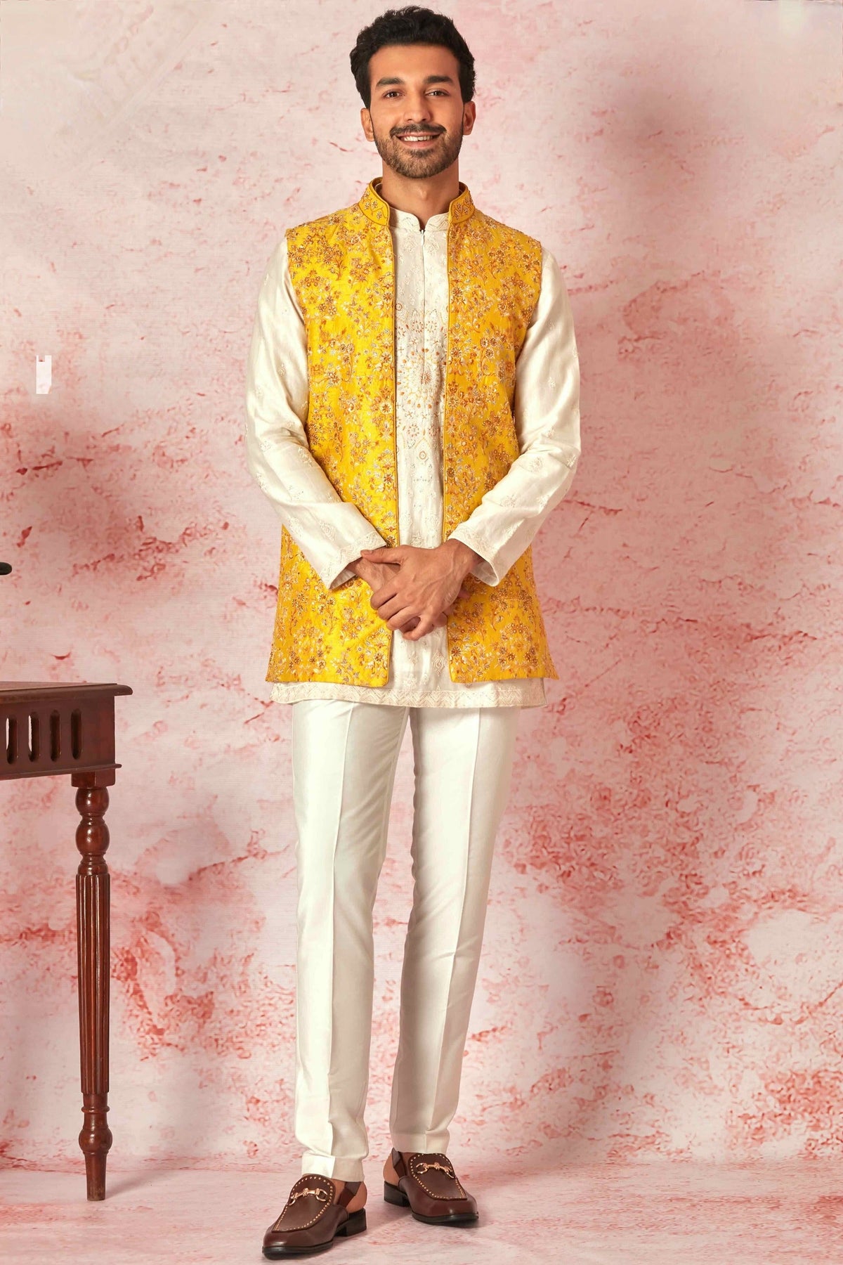 Mustard Raw Silk Long Bundi with Cream Silk Short Kurta