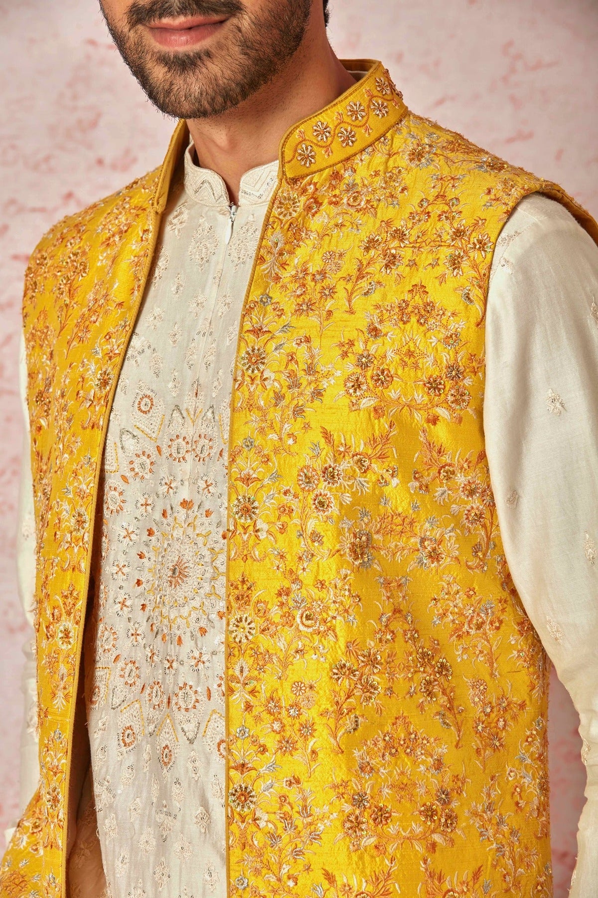 Mustard Raw Silk Long Bundi with Cream Silk Short Kurta