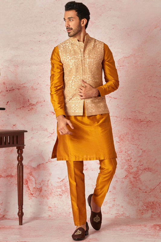 Opulent Beige Bundi and Vibrant Orange Kurta Ensemble
