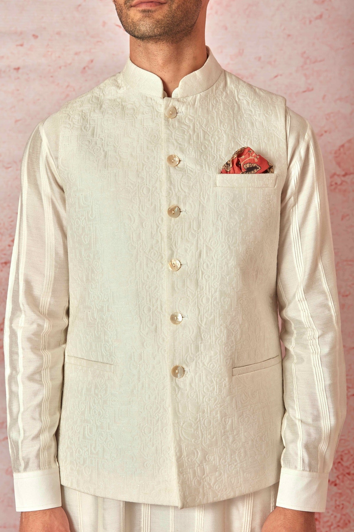 Off White Silk Kurta Bundi Set with Calligraphy Embroidery