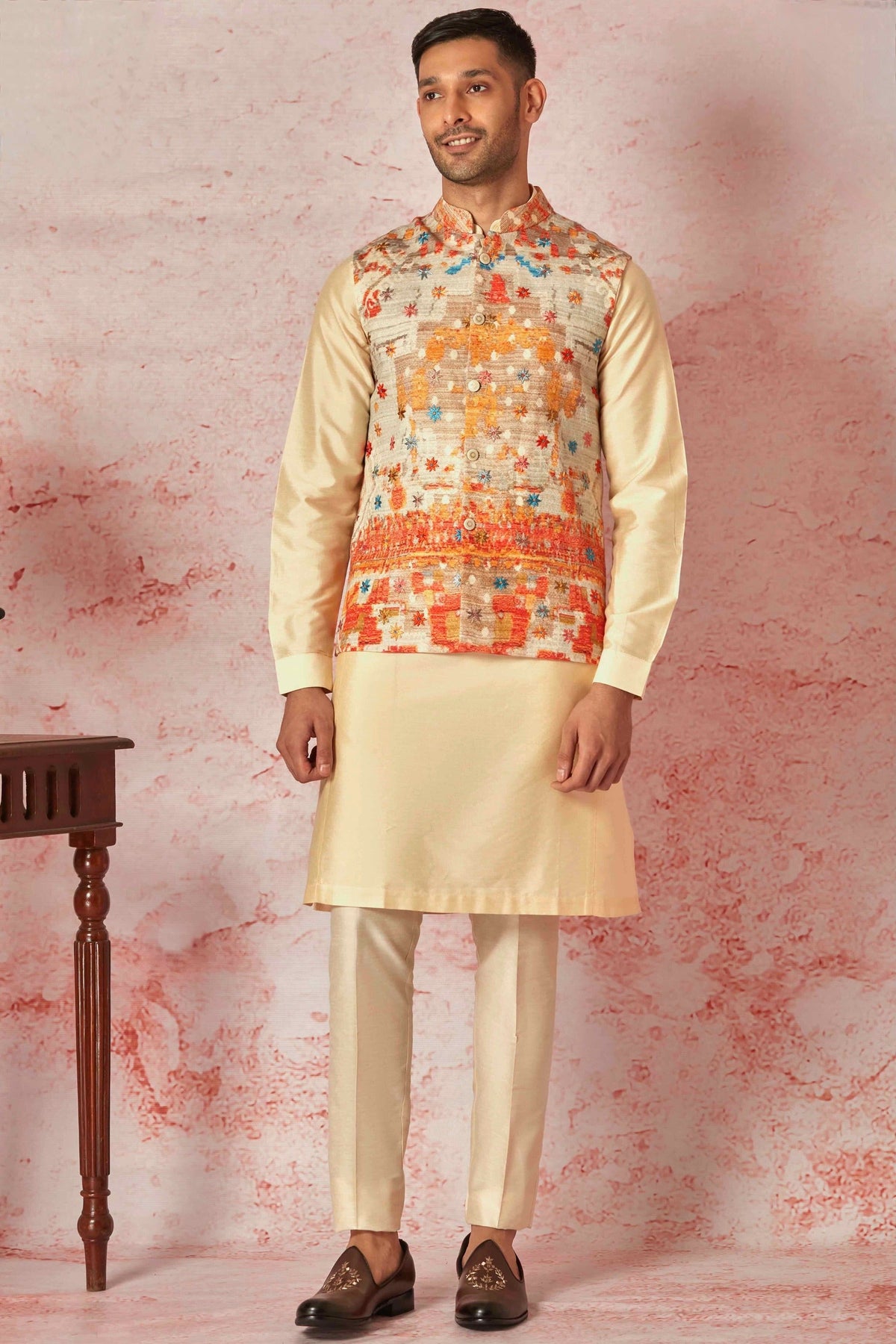 Cream Floral Embossed Linen Kurta Bundi Set