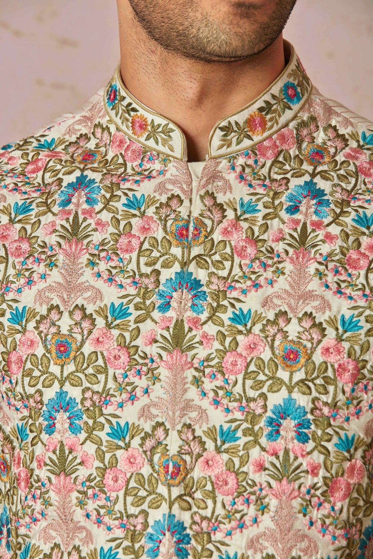 Multicolour Floral Embroidered Chanderi Silk Kurta Bundi Set