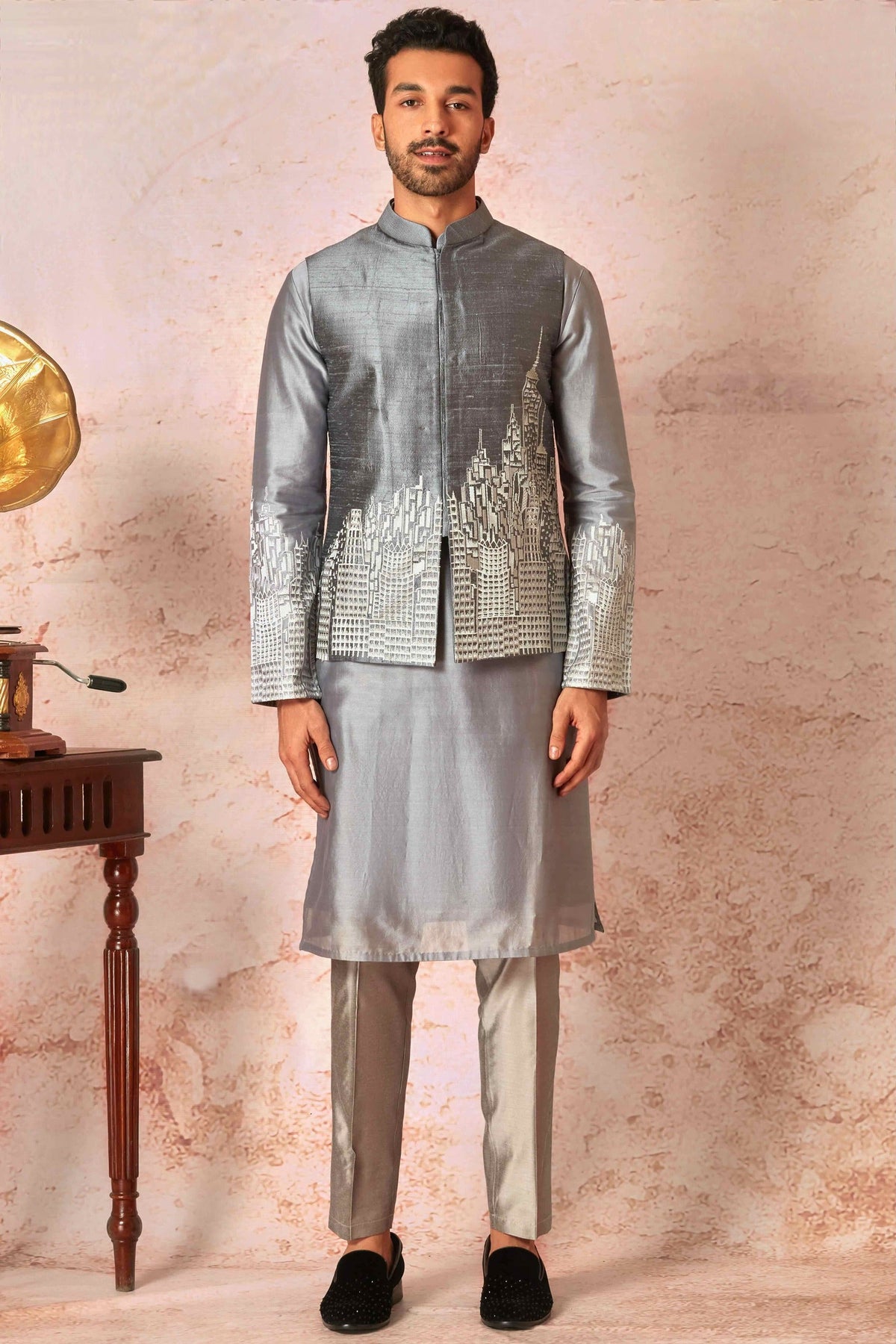 Grey City Design Embroidered Bundi Set