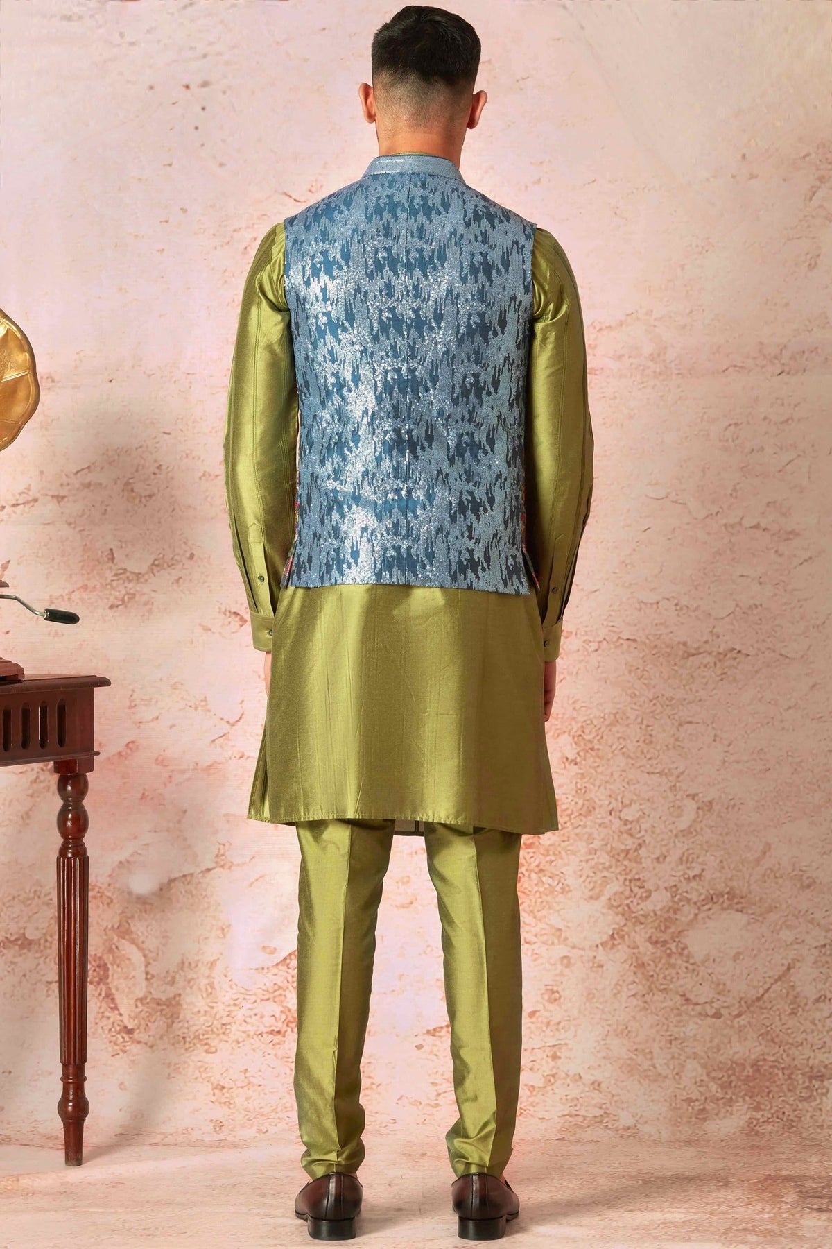 Turquoise Sequin Adorned Bundi Set with Olive Green Kurta