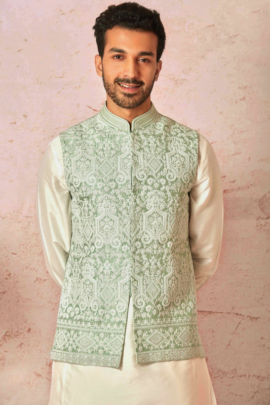 Heritage Mint Green Bundi Set with Cream Chanderi Kurta