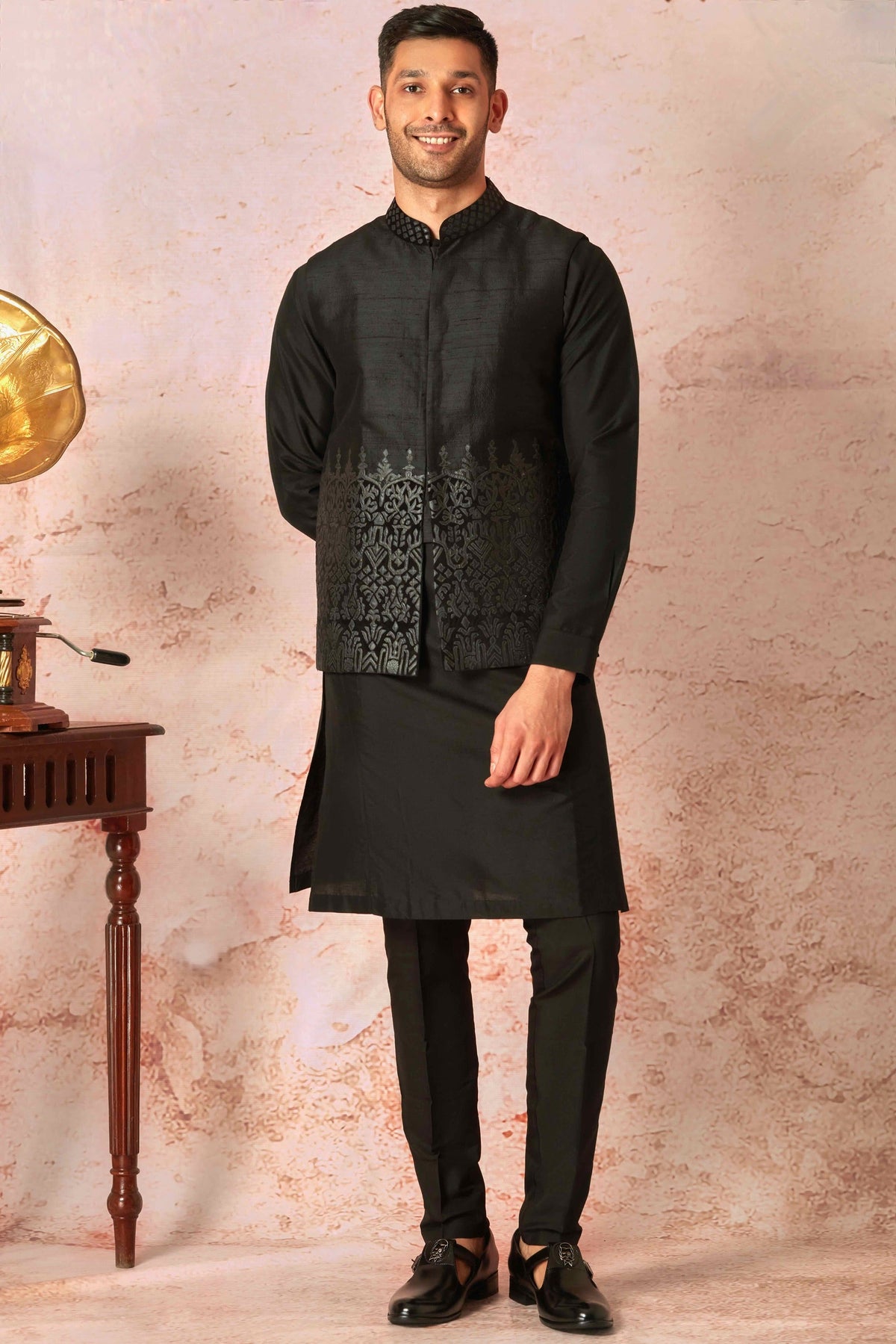 Sleek Black Silk Bundi & Leather Embellished Kurta Set