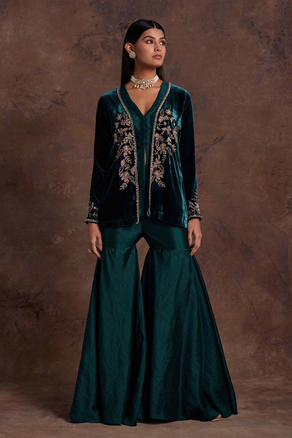Green Velvet Jacket With Silk Peplum and Sharara Set