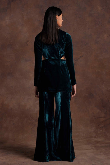 Green Velvet Pantsuit With Cut-out Detailing Set