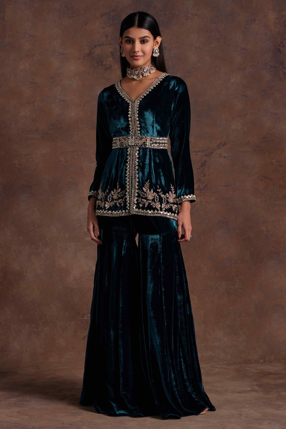 Green Velvet Peplum With Belt and Sharara Set