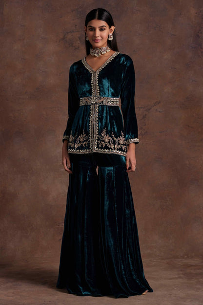 Green Velvet Peplum With Belt and Sharara Set