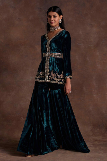 Green Velvet Peplum With Belt and Sharara Set