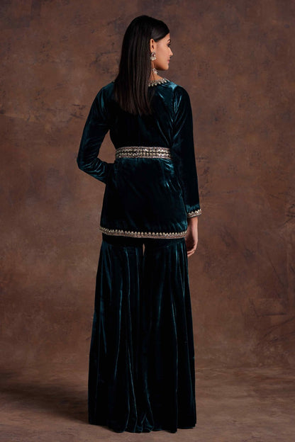 Green Velvet Peplum With Belt and Sharara Set