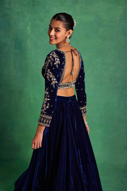 Blue Velvet Lehenga and Blouse Set