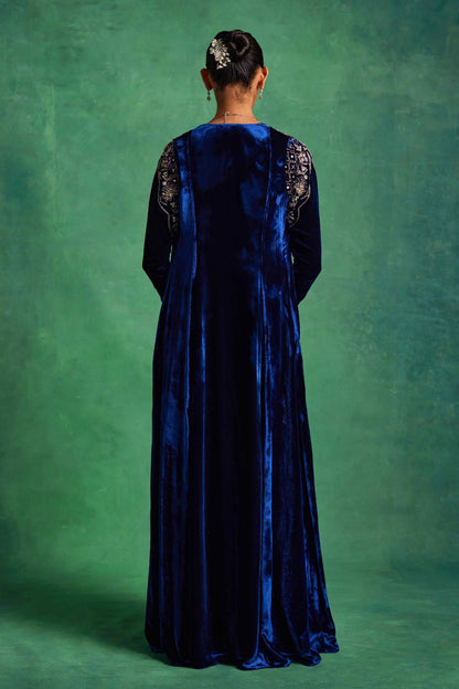 Blue Velvet Long Jacket With Bustier and Pants Set