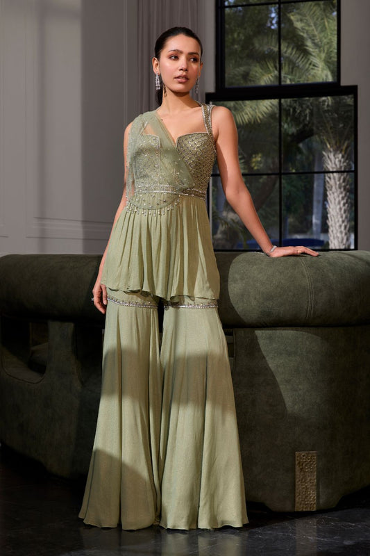 Sage Green Peplum With Drape Set