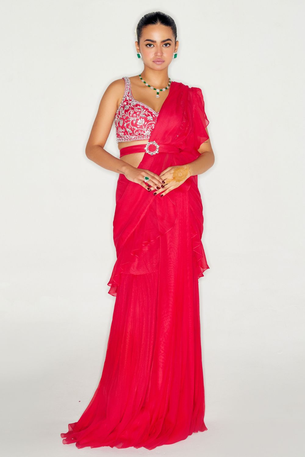 HOT PINK RUFFLE SAREE