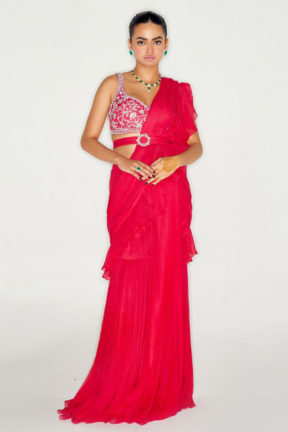 HOT PINK RUFFLE SAREE