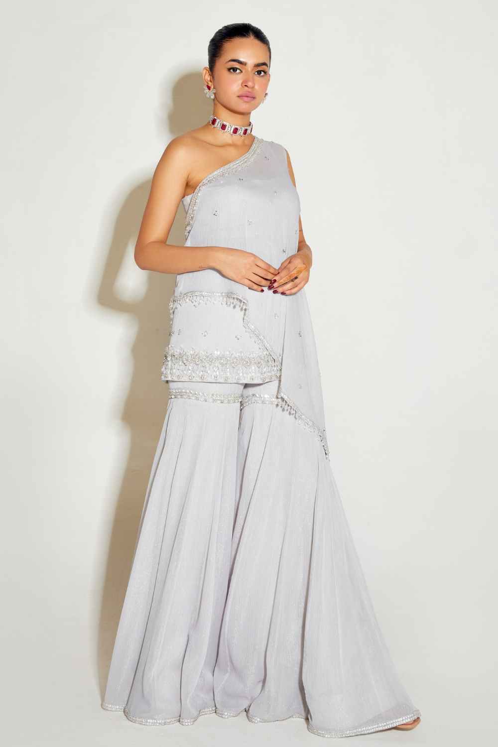 GREY ONE SHOULDER CAPE AND SHARARA SET