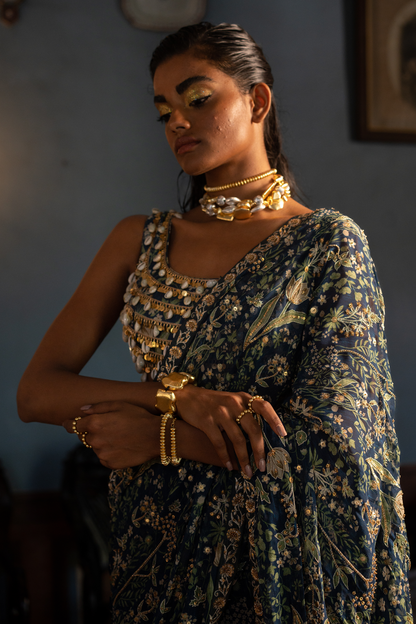 DEW SAREE SET – NAVY