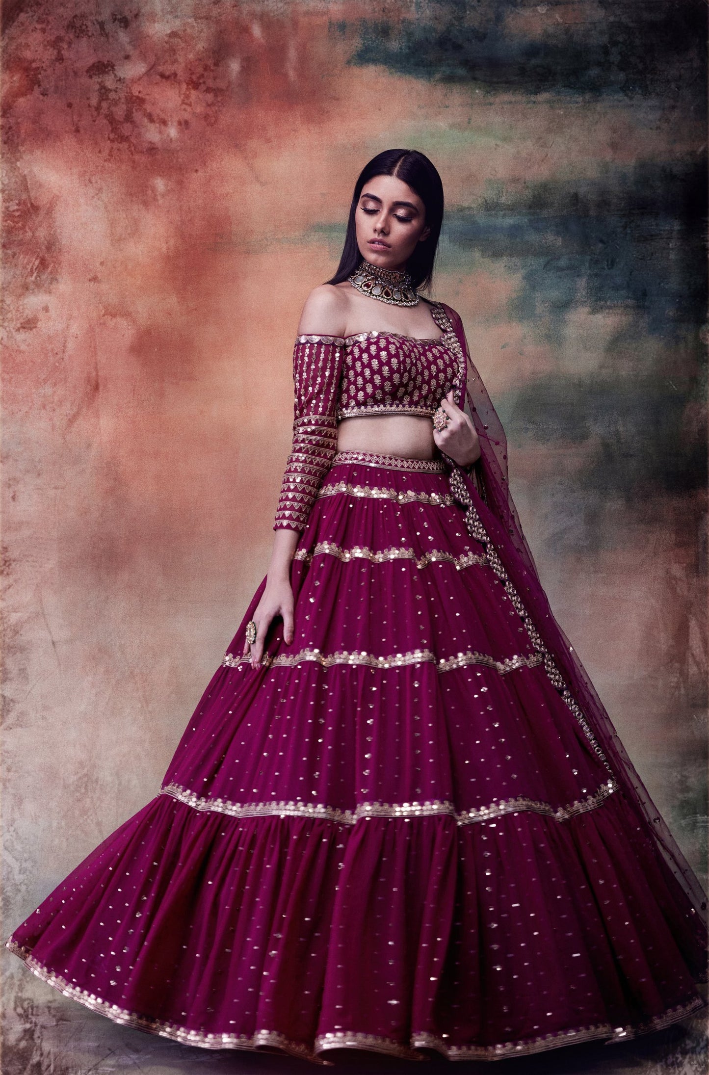 Wine Off Shoulder Tier Lehenga Set