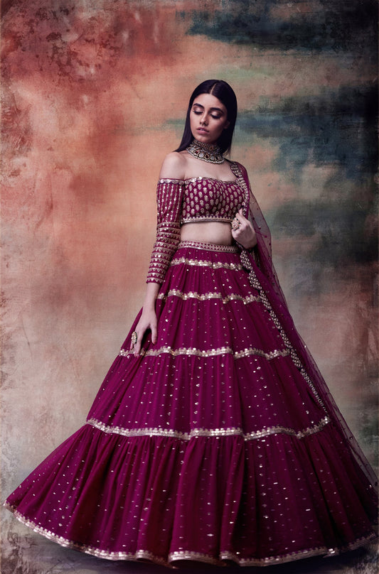 Wine Off Shoulder Tier Lehenga Set