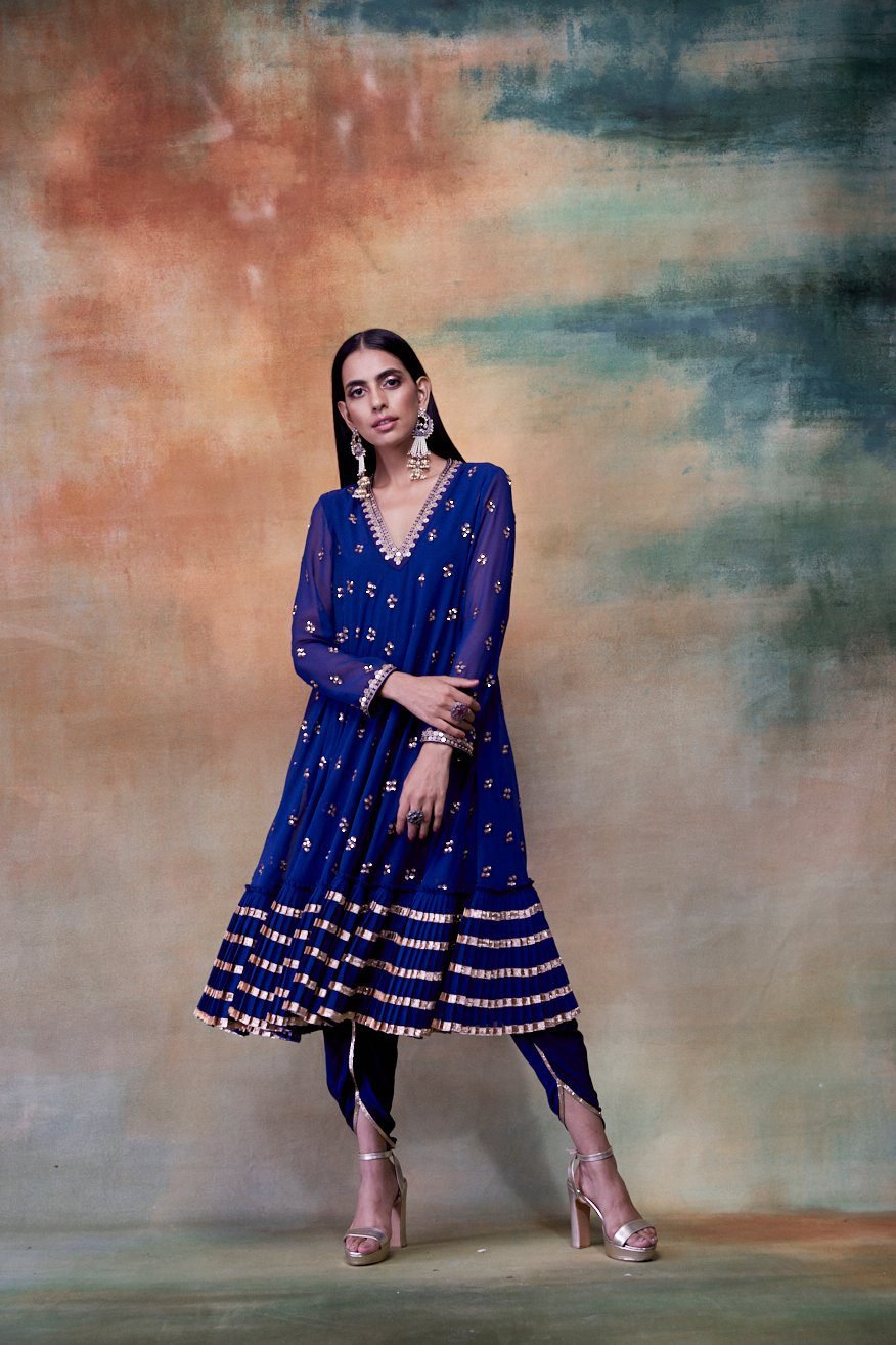 MidNight Blue A-Line Gota Frill Kurta &amp; DhotiI Set