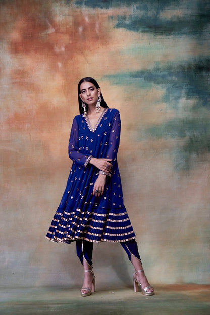 MidNight Blue A-Line Gota Frill Kurta &amp; DhotiI Set